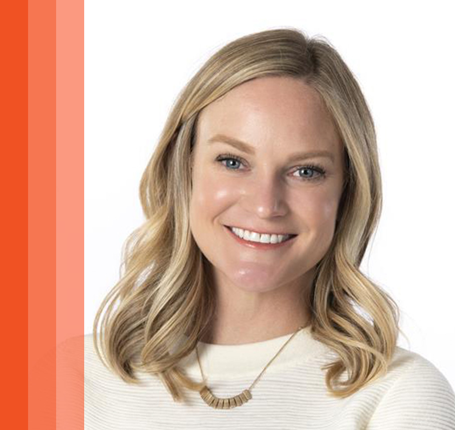 Mary headshot with orange bars.