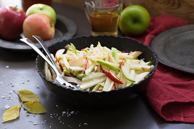 Apple slaw in a dark bowl, sea salt sprinkle, red napkin, apples & honey jar in background, on a dark surface.