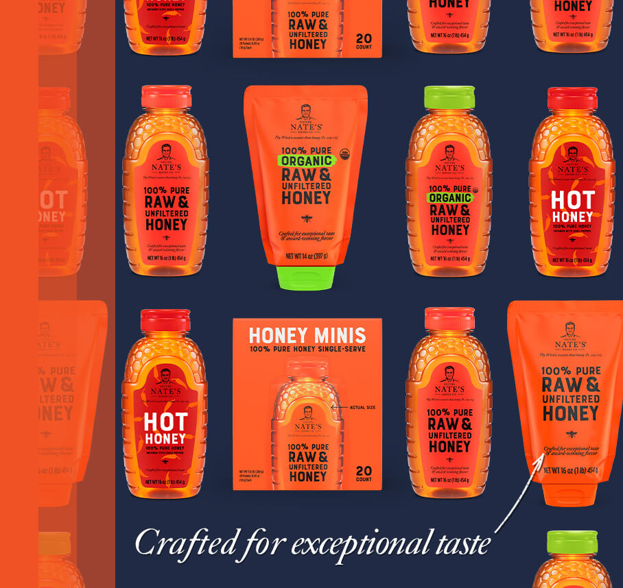 Collage of Nate's honey products with, Crafted for exceptional taste message.