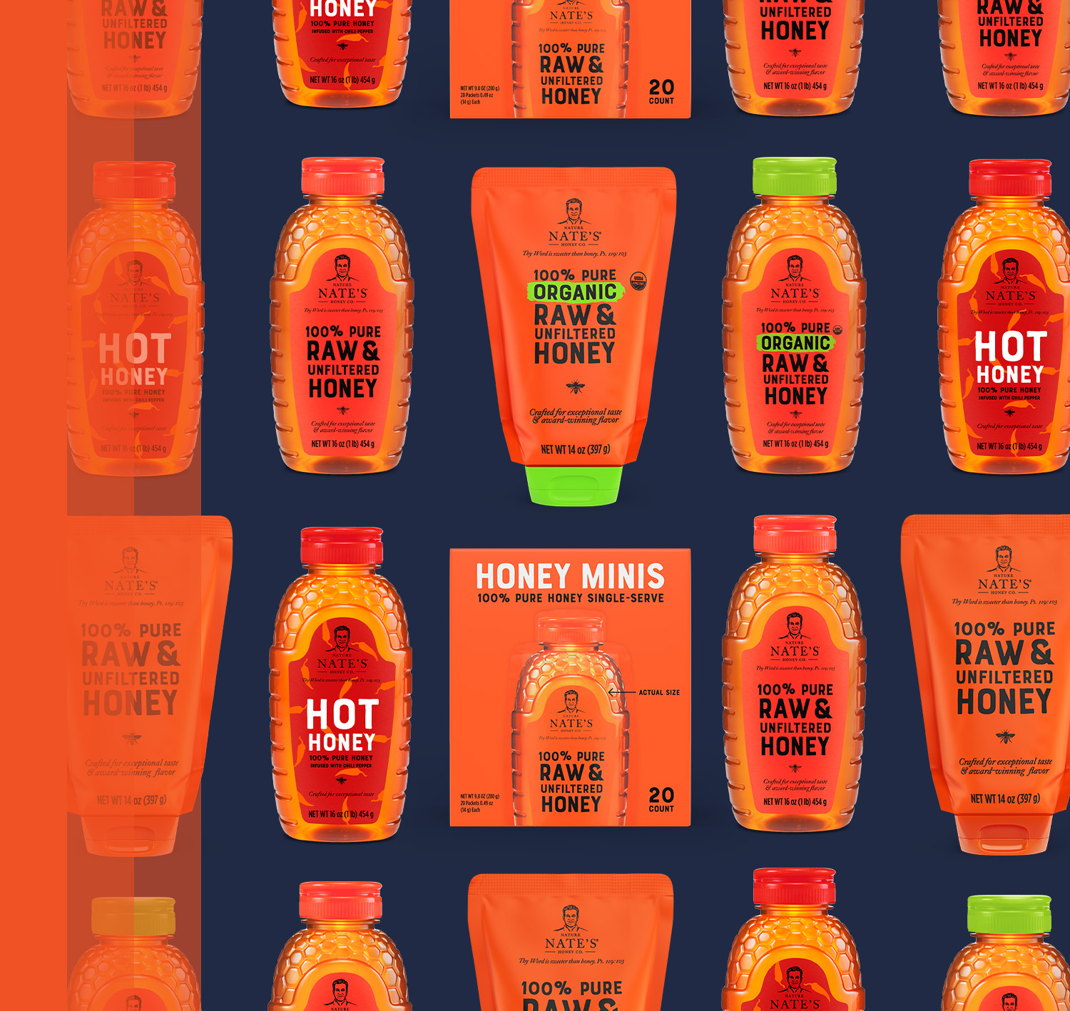 Collage of Nate's honey products with, Crafted for exceptional taste message.