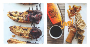 Two images: Chocolate and berry biscotti and a bottle of Nate’s honey and a cup of coffee, next to snacks. Two images: Chocolate and berry biscotti and a bottle of Nate’s honey and a cup of coffee, next to snacks.