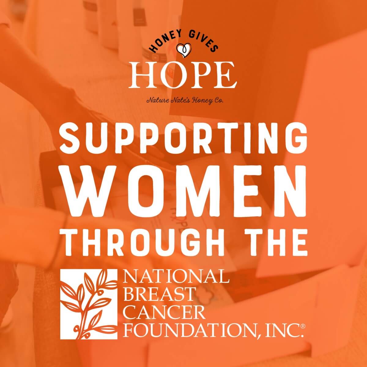 Graphic showing Nate's Hope Kits on orange background with overlay text "Supporting Women through the National Breast Cancer Foundation."