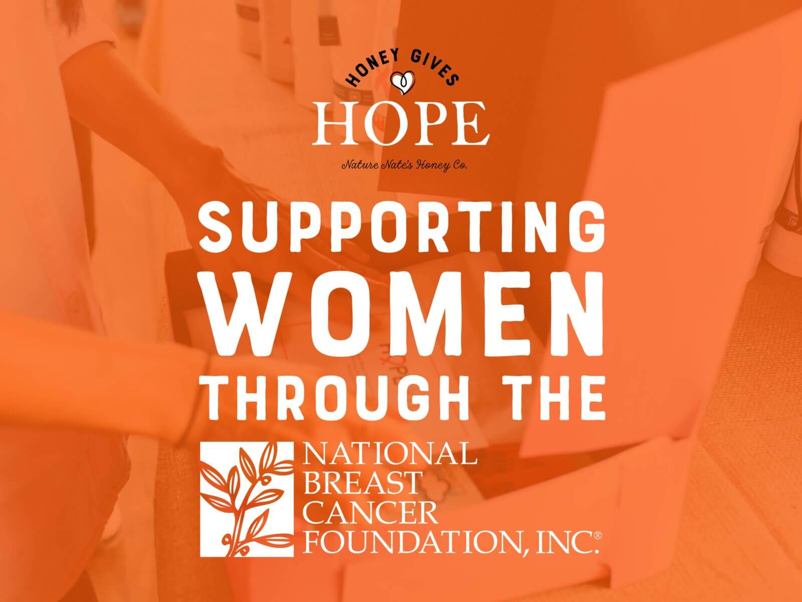Graphic showing Nate's Hope Kits on orange background with overlay text "Supporting Women through the National Breast Cancer Foundation."