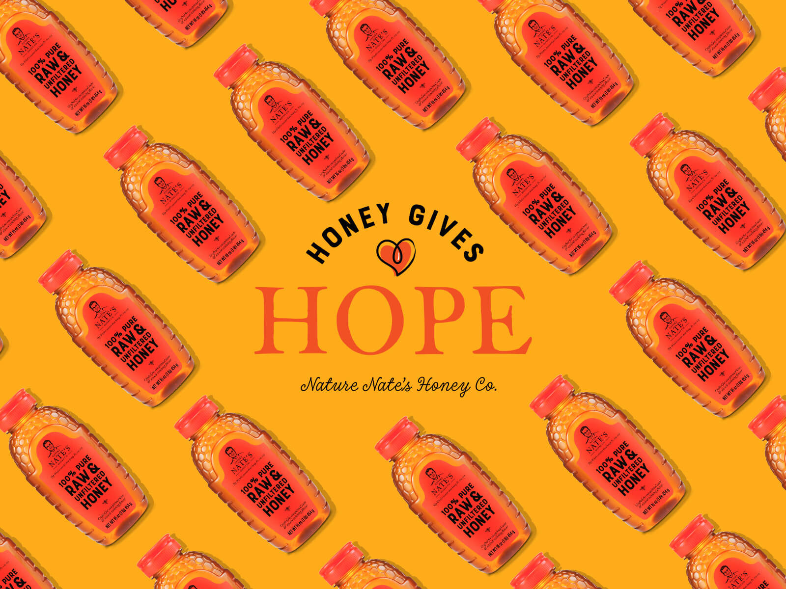 Nate's Honey Gives Hope logo centered on a wallpaper of Nate's honey bottles on top of light orange background.