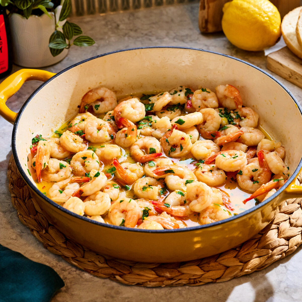 Honey garlic shrimp scampi in pan.