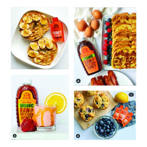 Four plates of food with Nate’s honey minis displaying: animal toast, banana cinnamon roll, colorful rainbow waffle. Four plates of food with Nate’s honey minis displaying: animal toast, banana cinnamon roll, colorful rainbow waffle.