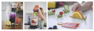 Three images of food prep: a purple drink, a child pouring Nate’s honey into a smoothie and hands making fruit animals. Three images of food prep: a purple drink, a child pouring Nate’s honey into a smoothie and hands making fruit animals.