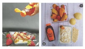 Two images: Drizzling Nate’s honey onto a strawberry snacks, and a Nate’s honey bottle with peppers, dip and crackers. Two images: Drizzling Nate’s honey onto a strawberry snacks, and a Nate’s honey bottle with peppers, dip and crackers.
