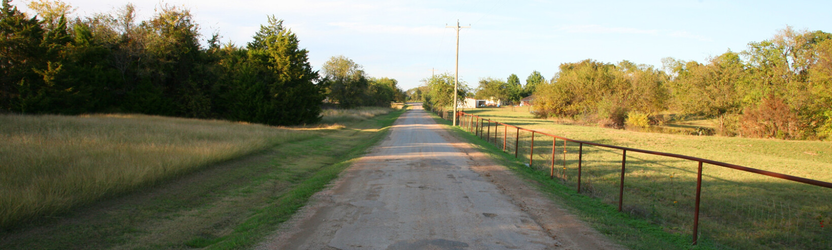Rural landscape with a long road and greenery.