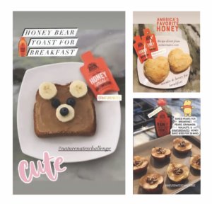 A bear-shaped toast with banana slices and a blueberry, biscuits beside a honey bottle, and honey drizzled mini pies. Text says Honey Bear Toast for Breakfast, and Cute. A bear-shaped toast with banana slices and a blueberry, biscuits beside a honey bottle, and honey drizzled mini pies. Text says Honey Bear Toast for Breakfast, and Cute.