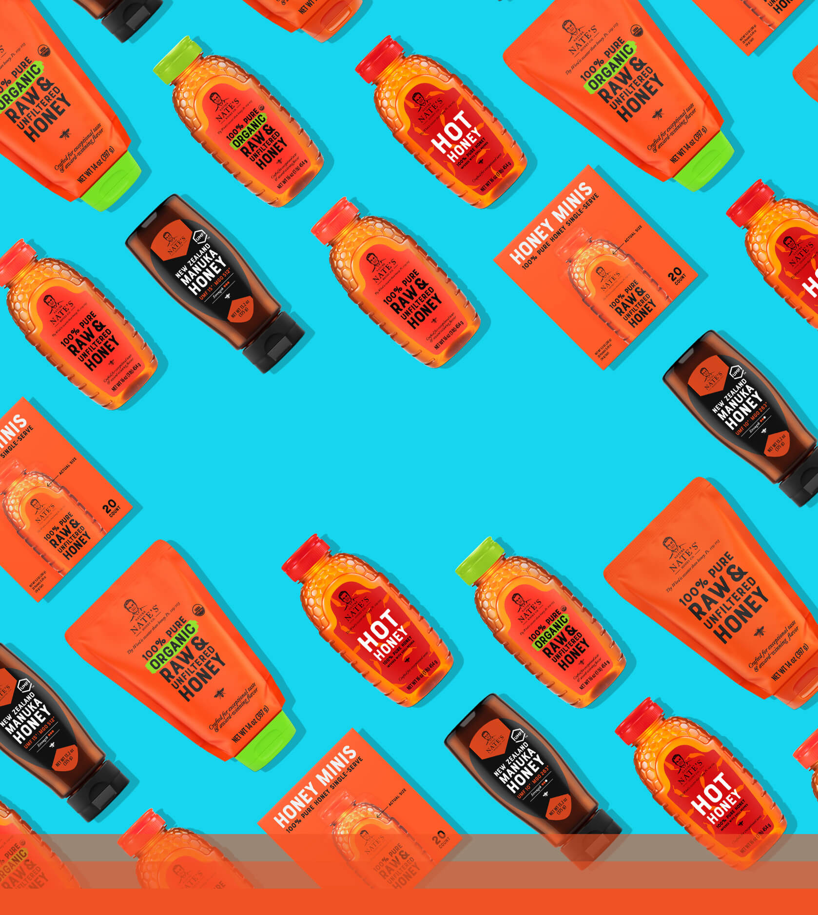 Assortment of Nate's Honey products, including raw & organic varieties, arrayed against a blue backdrop.