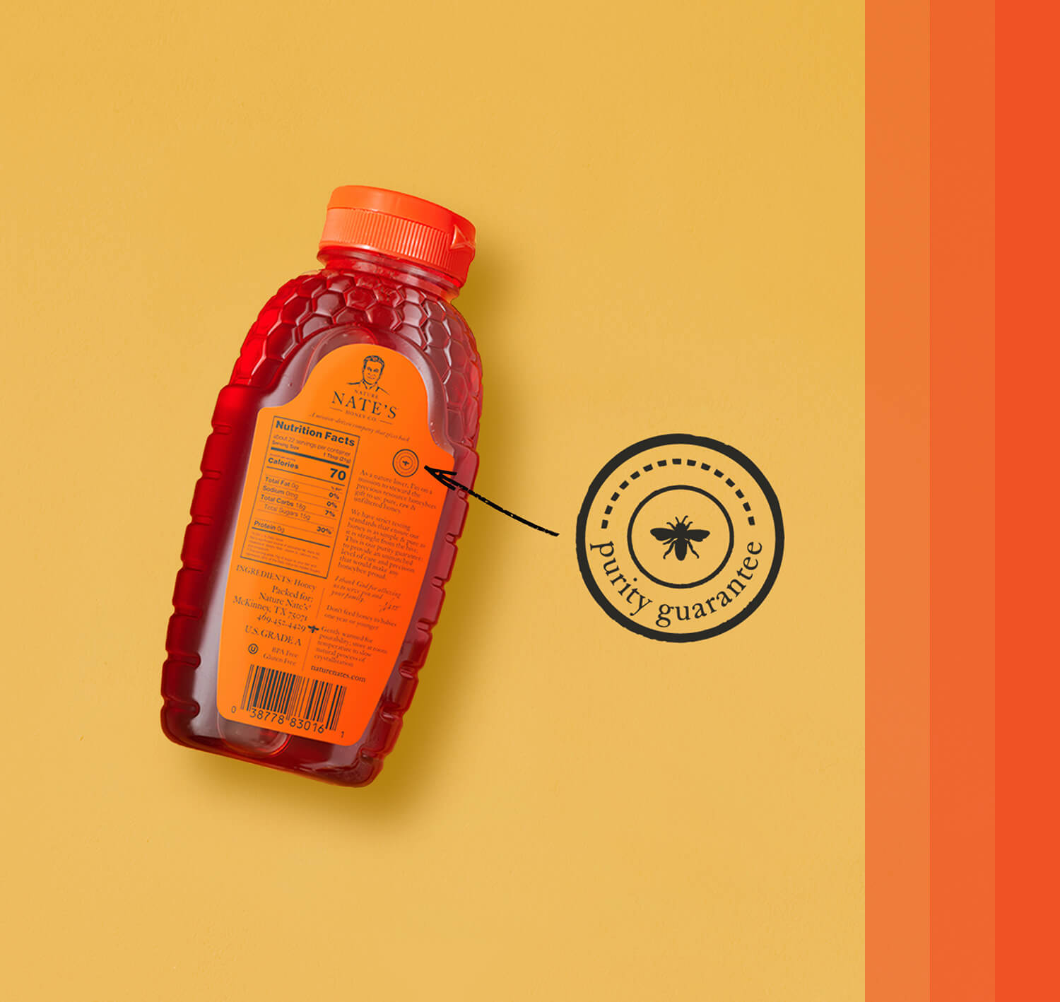 Back of the Nate's honey bottle with detail of the purity guarantee seal.
