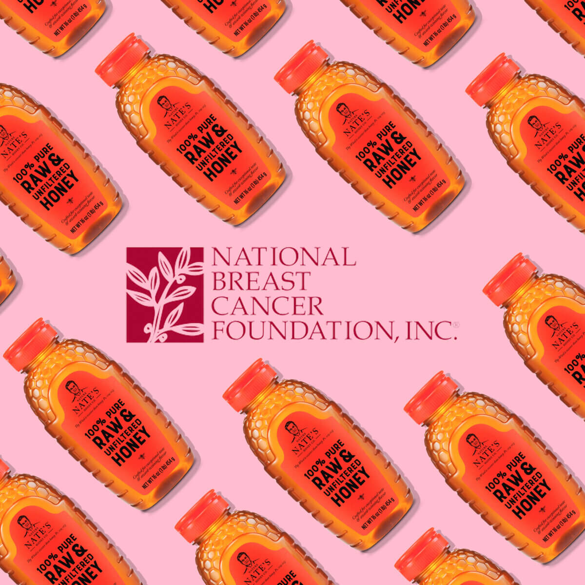 Pattern of Nate's classic honey bottles on pink background. National Breast Cancer Foundation Inc. logo in center.