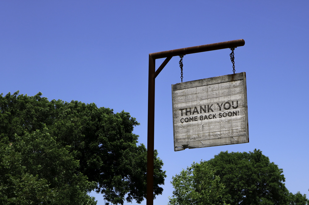 Rustic Thank You Come Back Soon sign against a blue sky with trees.