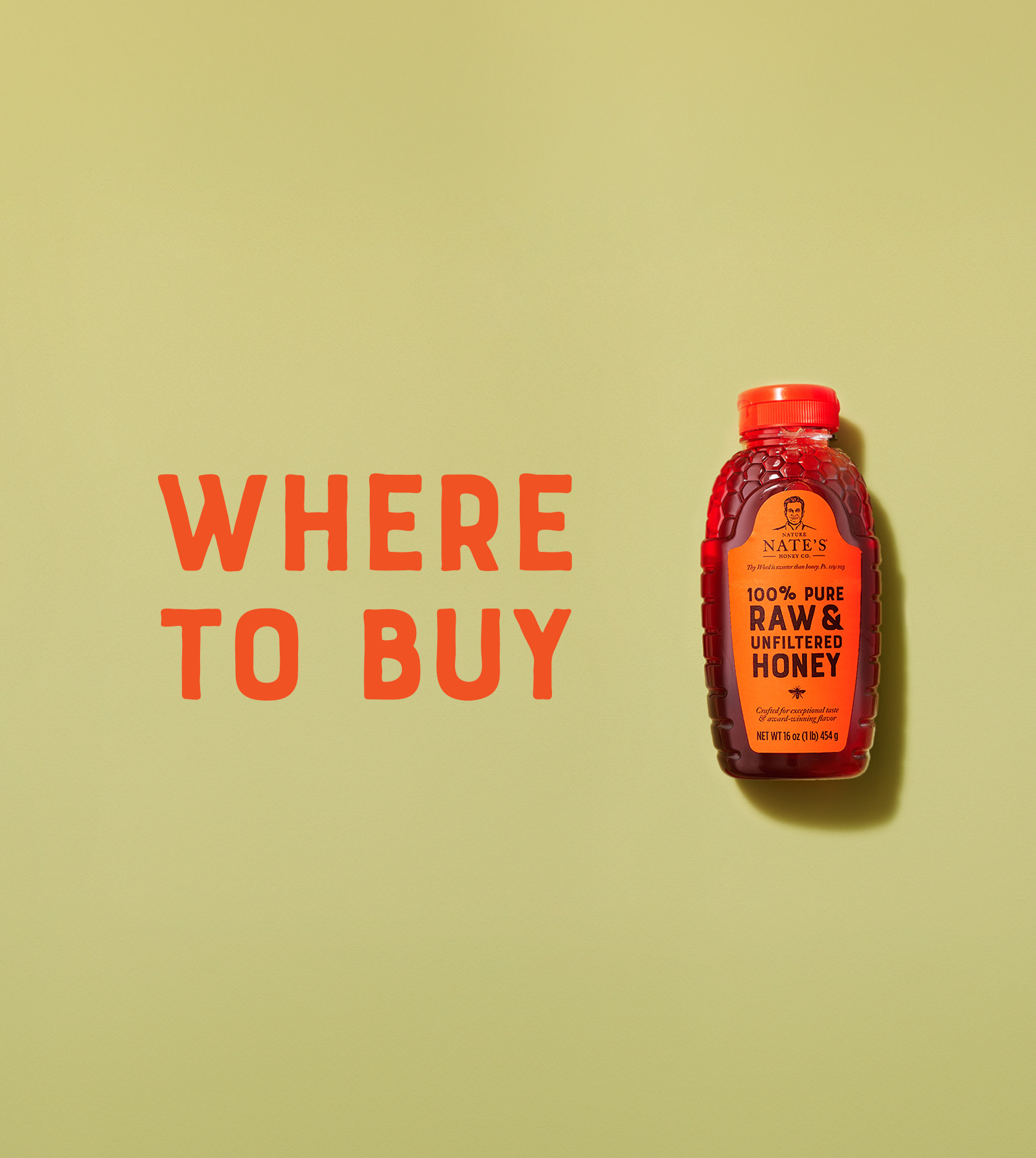 Bottle of Nate's 100% Pure Raw & Unfiltered Honey on yellow with, WHERE TO BUY text.