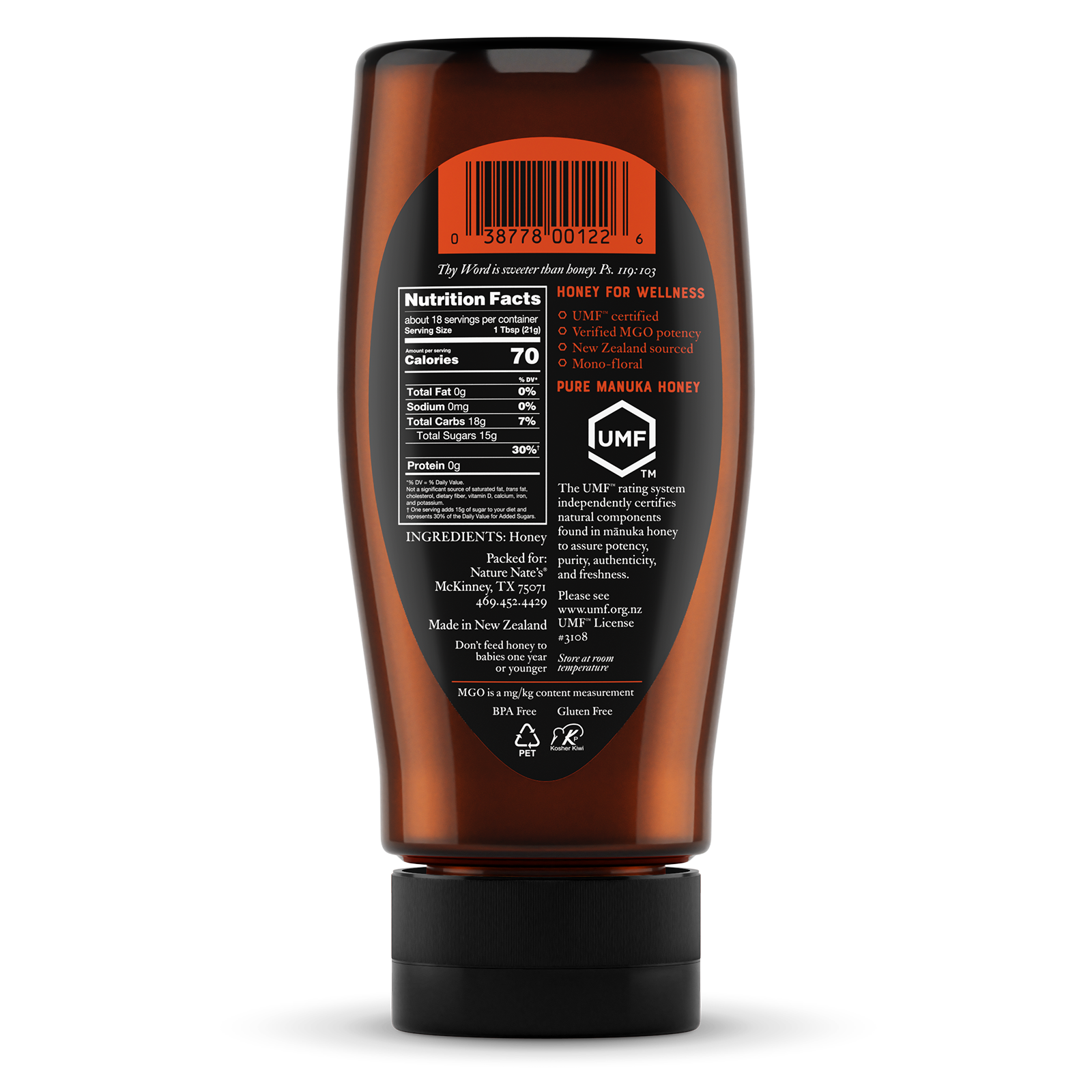 The back label of Nate's 13.2 oz bottle of UMF 10+ manuka honey.