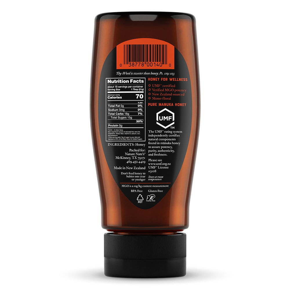 Back label of Nate's bottle of manuka UMF 15.