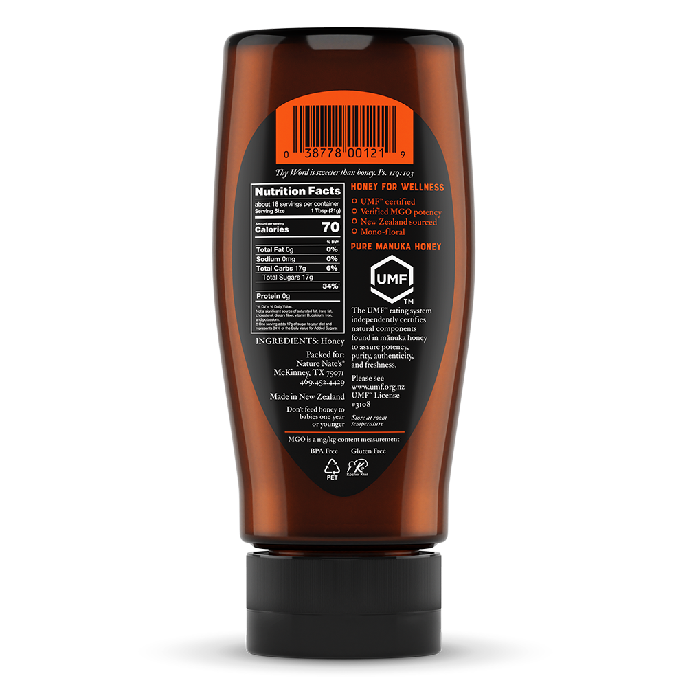 Back label of Nate's bottle of manuka UMF 7.