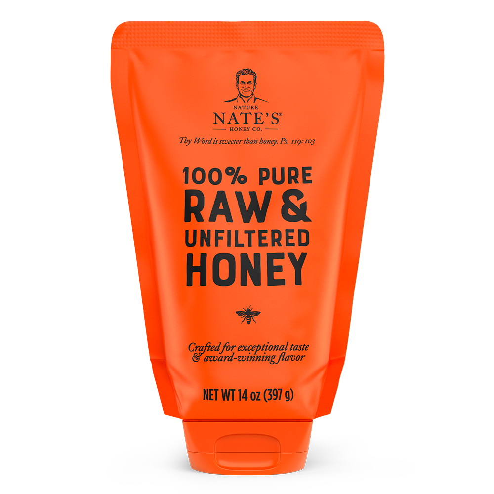 The front label of Nate's 14 oz pouch of 100% pure, raw & unfiltered honey.