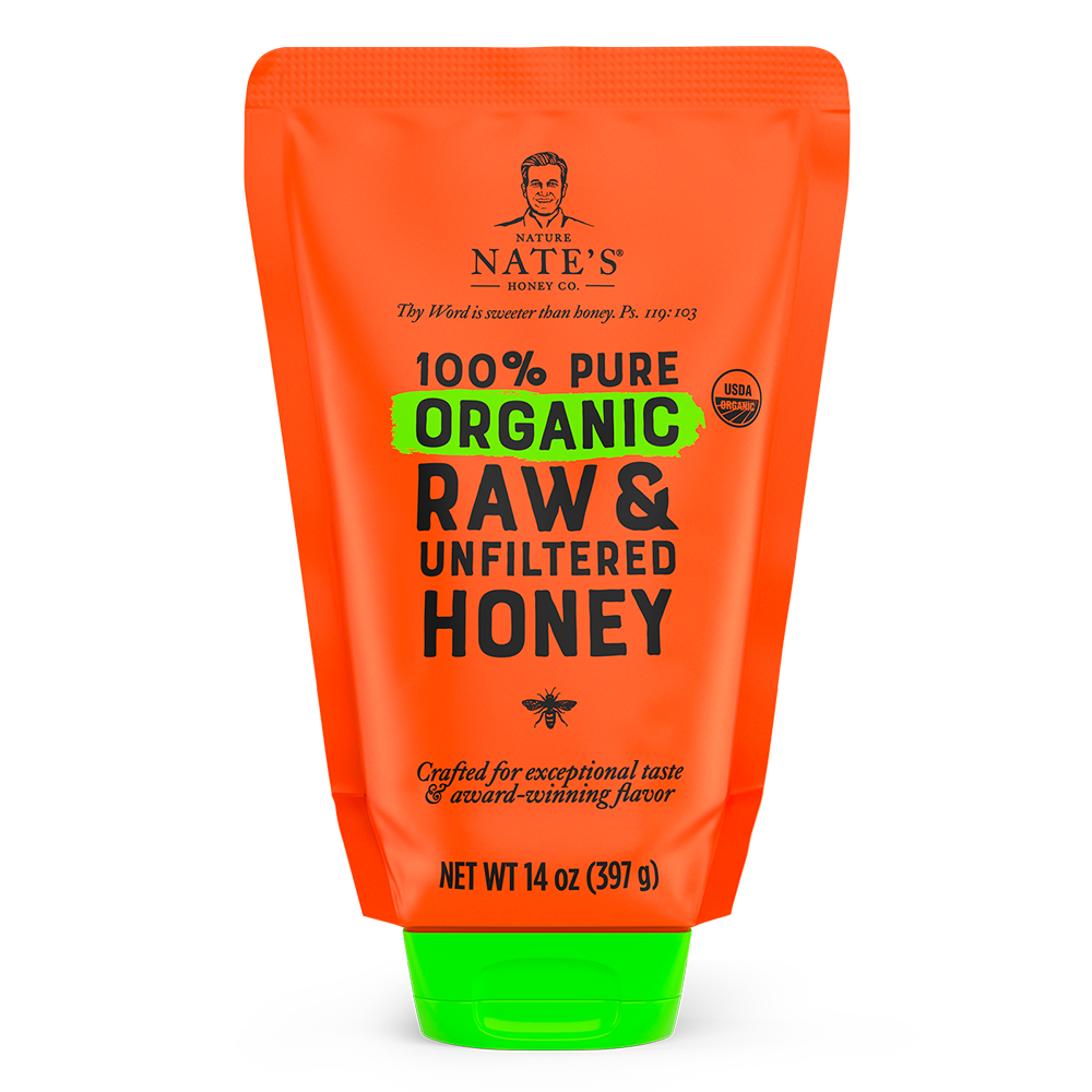 The front label of Nate's 14 oz pouch of organic 100% pure, raw & unfiltered honey.