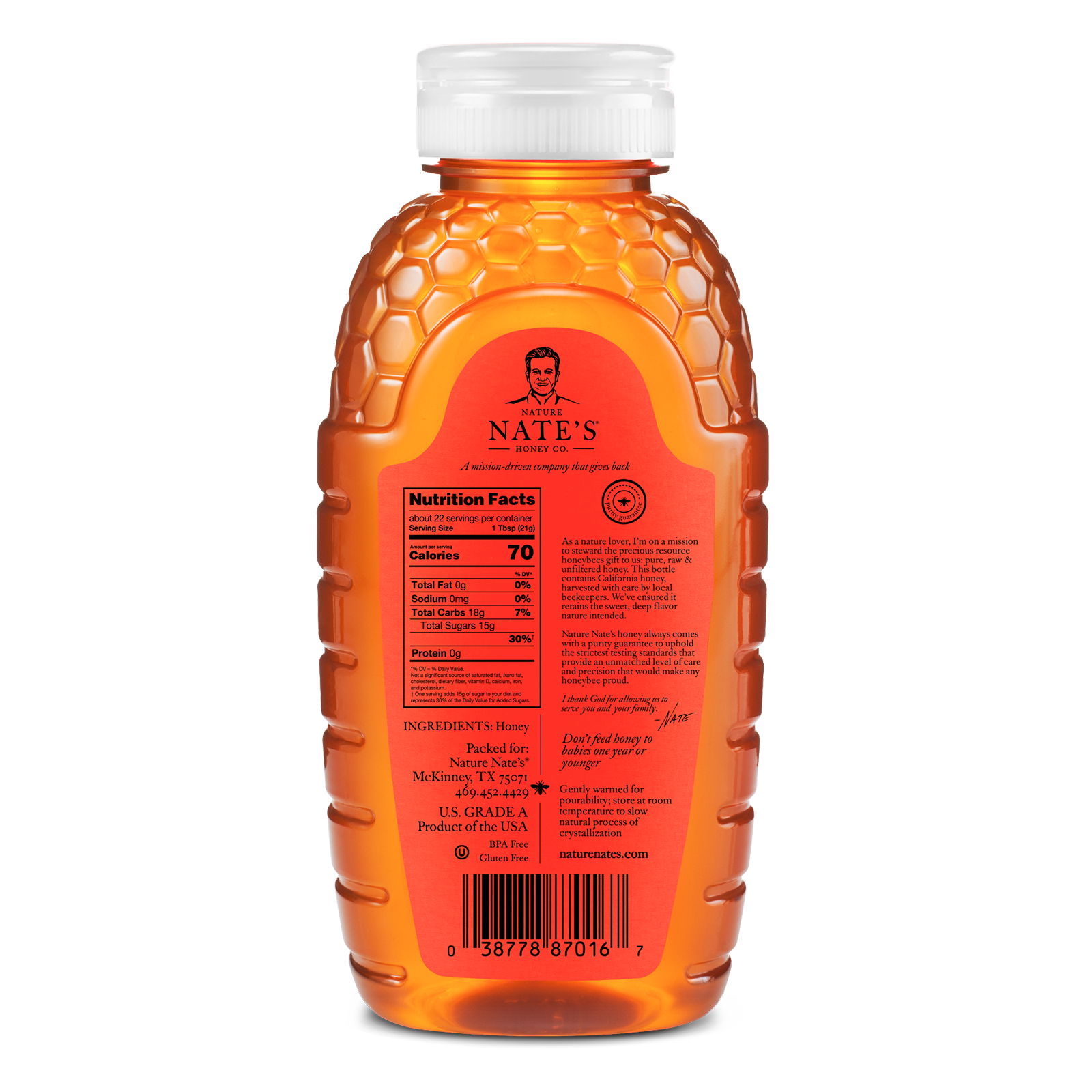 The back label of Nate's 16 oz bottle of California 100% pure, raw & unfiltered honey.
