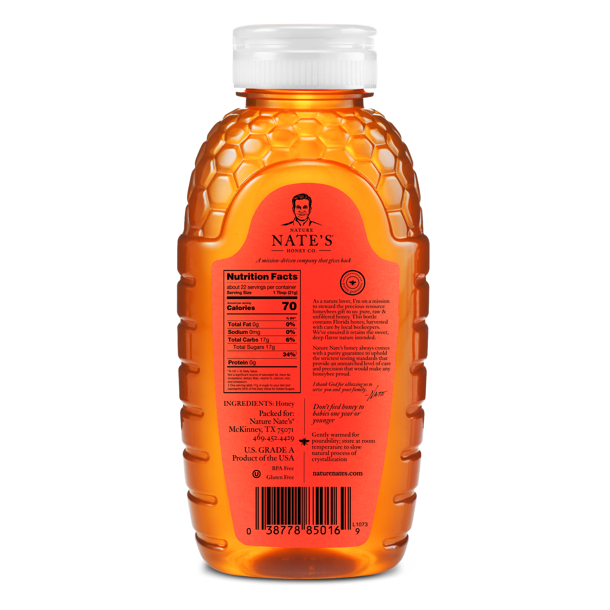 Nate's Florida honey bottle with white cap, back side of bottle with label.