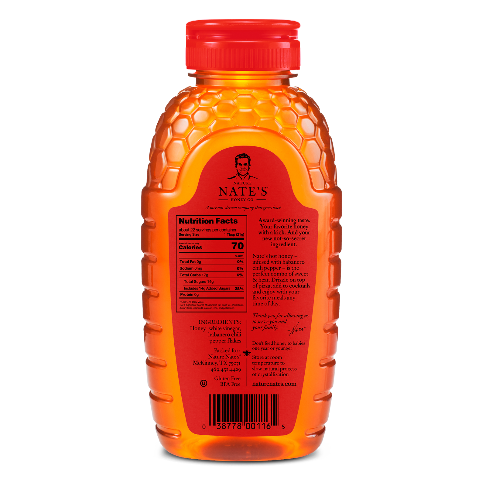 The back label of Nate's 16 oz bottle of hot honey.