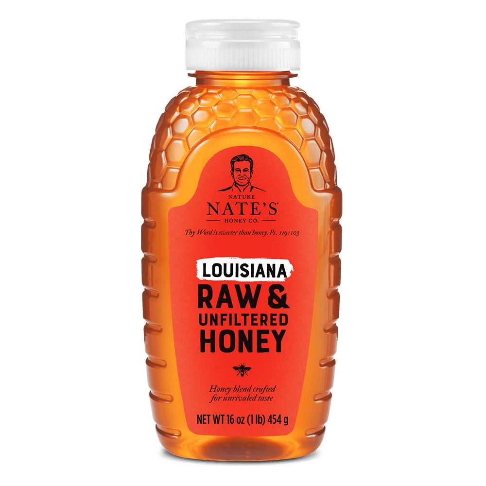 Nate's Louisiana honey bottle with white cap, isolated on white.