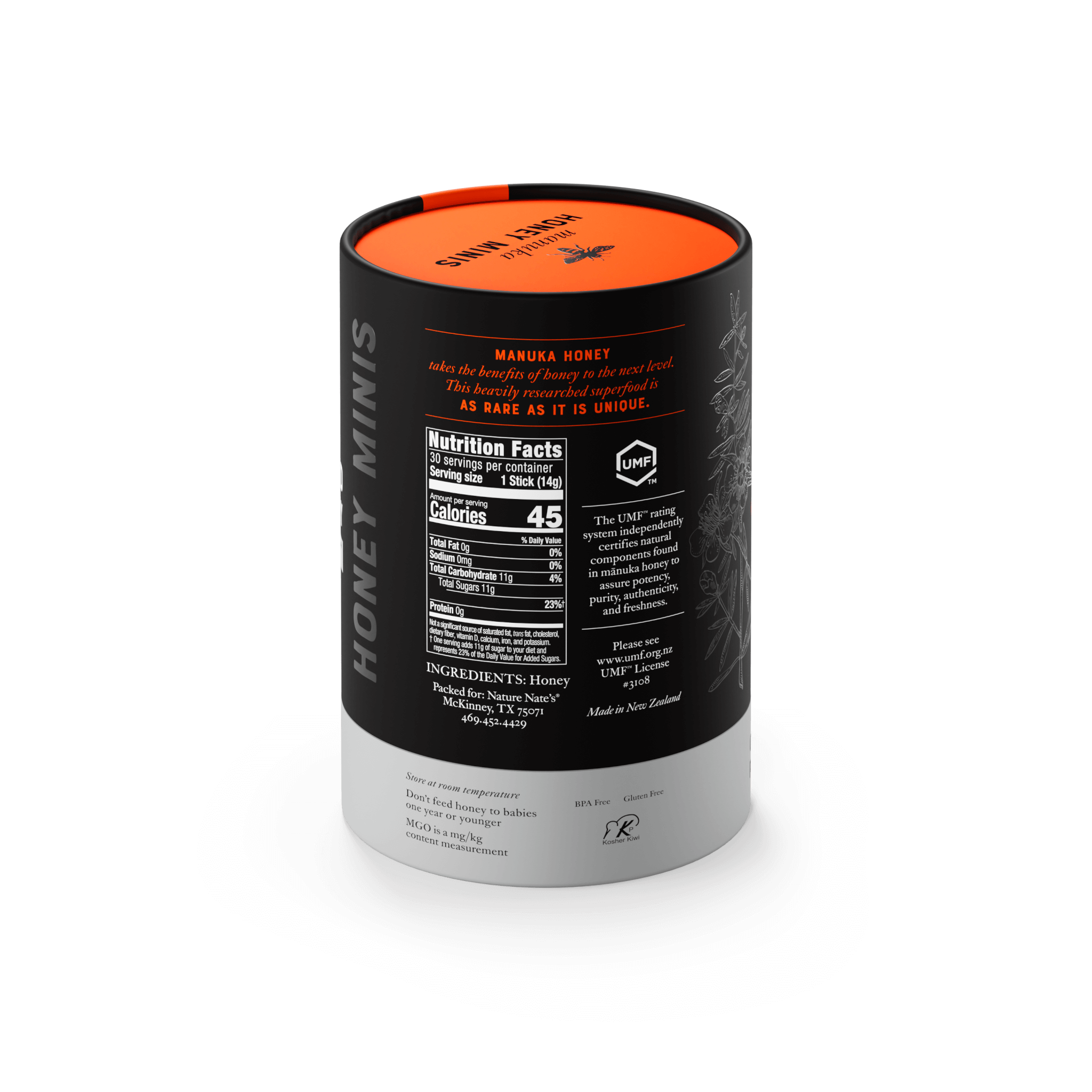 30ct Manuka UMF 10 cylinder box nutrition panel angle.