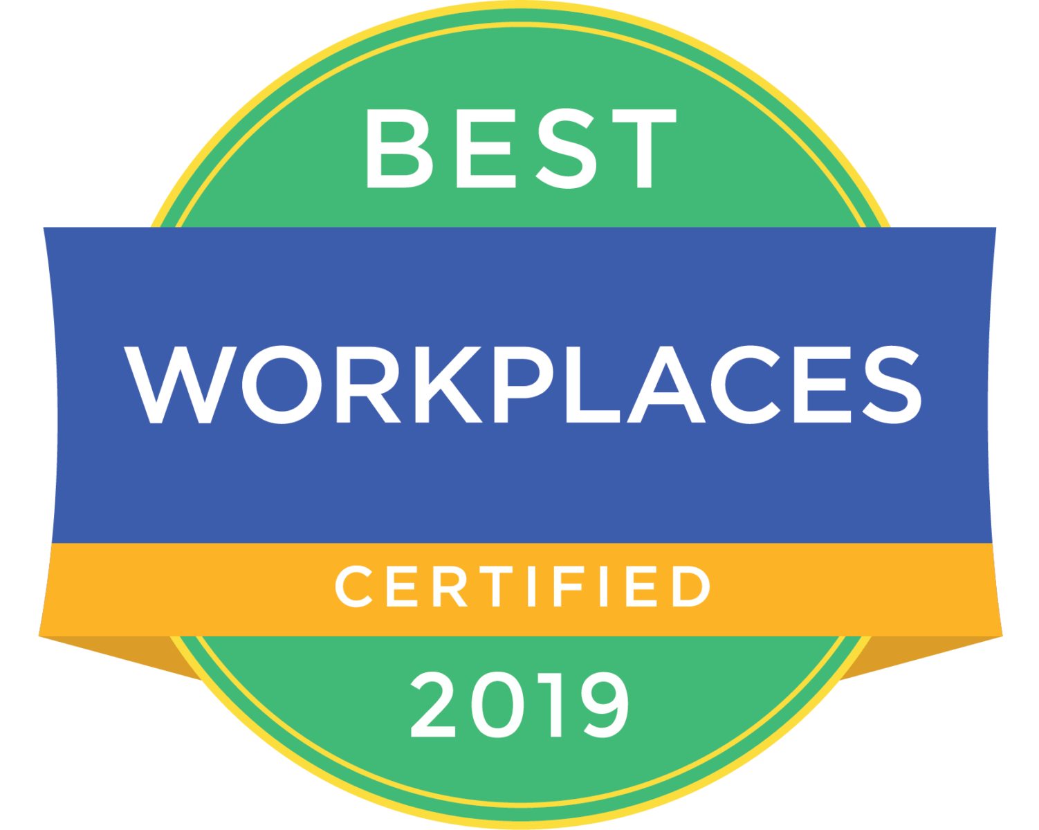 A badge with green and blue ribbons reads BEST WORKPLACES CERTIFIED 2019.