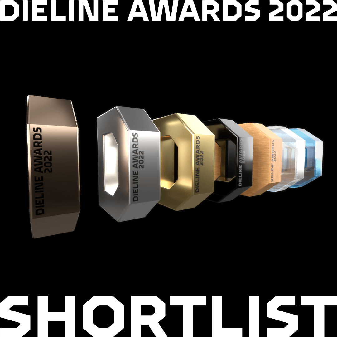 A graphic of 3D award statues in a row representing the Dieline Awards 2022, with the word SHORTLIST below.