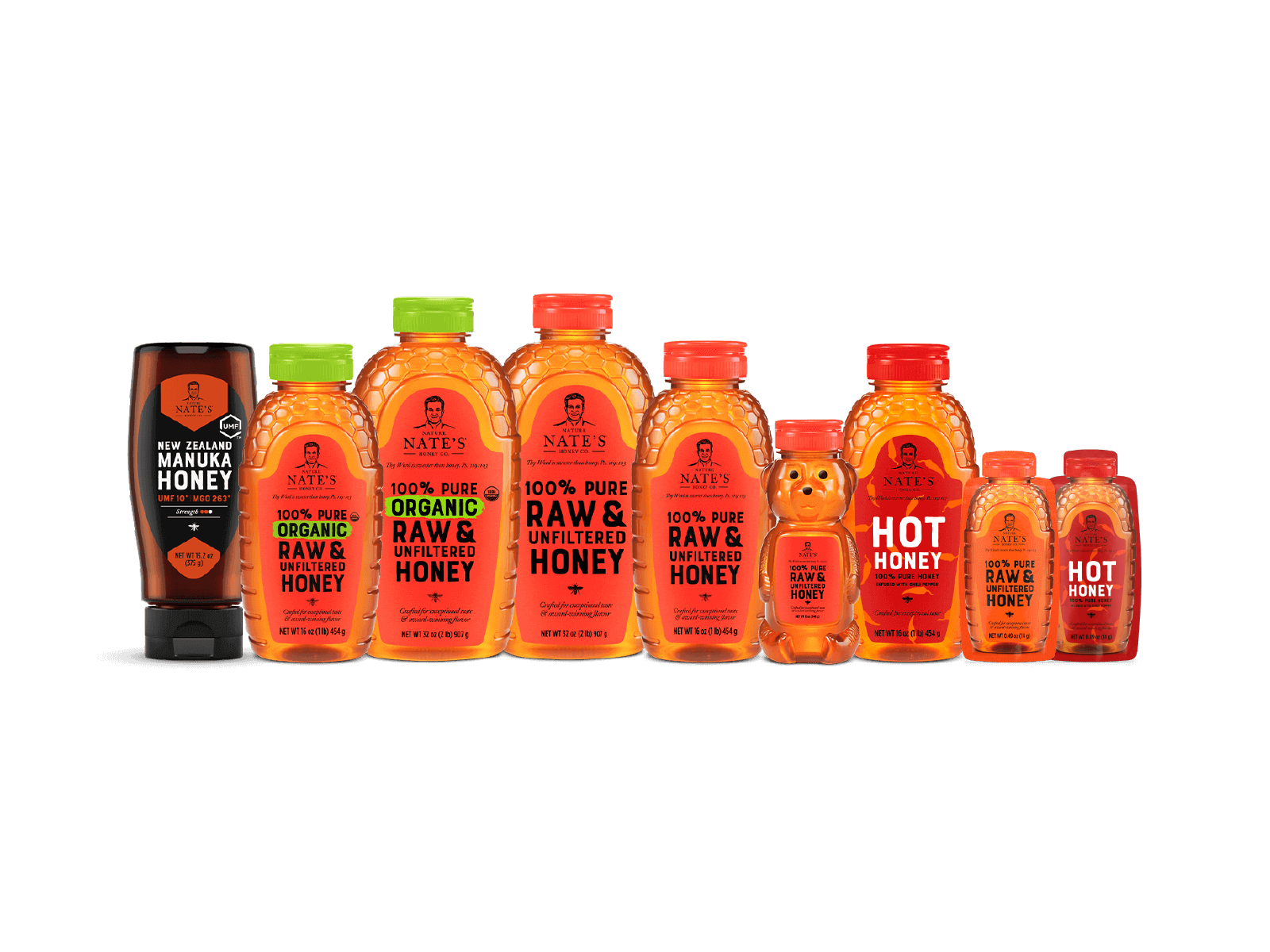 Nate’s honey product lineup, featuring classic, organic, manuka and hot honey in various bottle sizes.