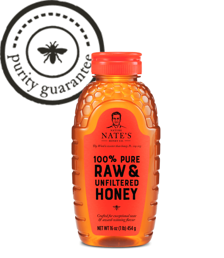 Nate's honey bottle with purity guarantee seal icon.