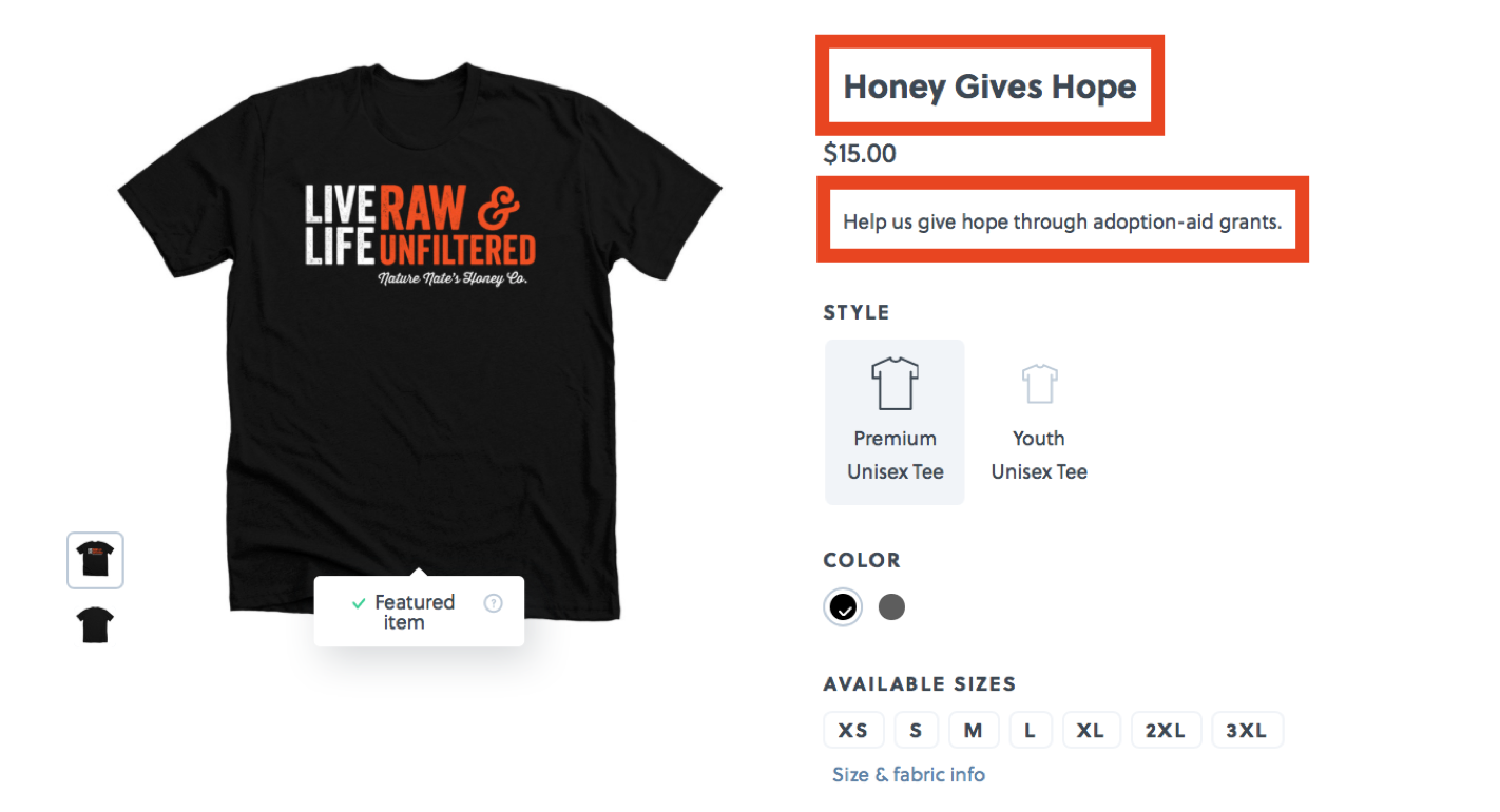 Black t-shirt with a Nate's honey slogan and a webpage interface showcasing price and sizes.