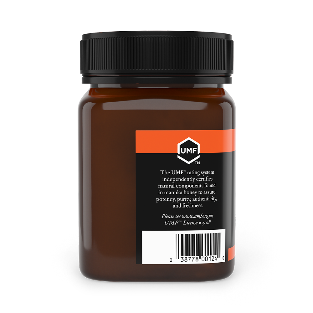 Left label of Nate's jar of manuka UMF 10.