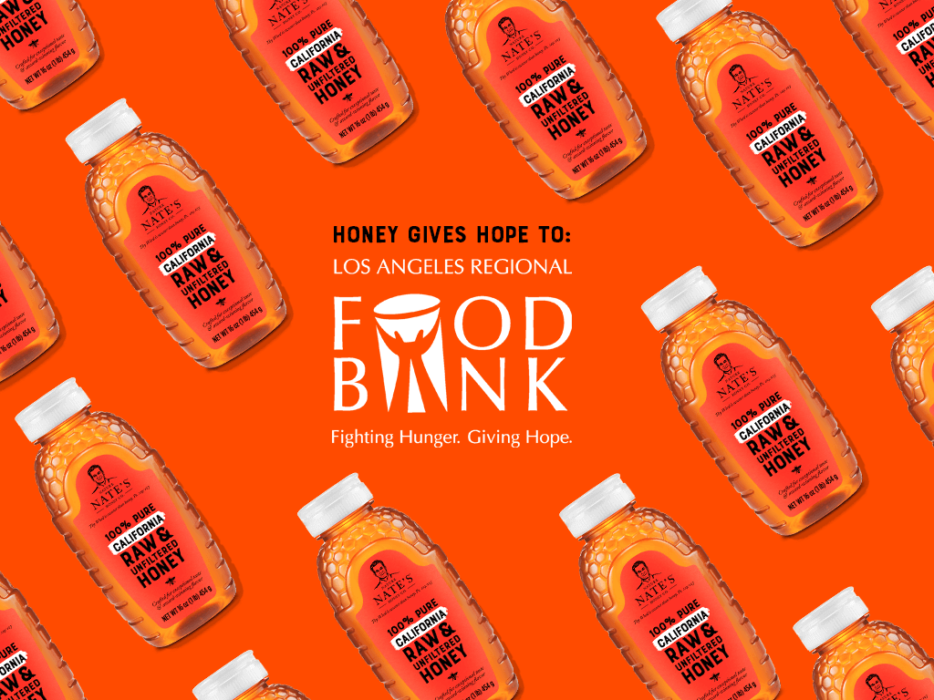 Nate’s California Raw & Unfiltered Honey bottles with Los Angeles Regional Food Bank logo and 'Honey Gives Hope' message.