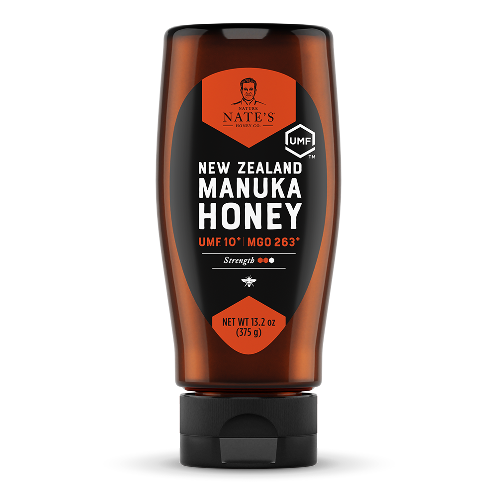 13.2 oz squeeze bottle of Nates New Zealand UMF 10 manuka honey.