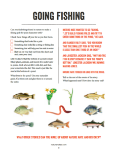 A colorful poster titled GOING FISHING, with various fish illustrations and tips on catching them.