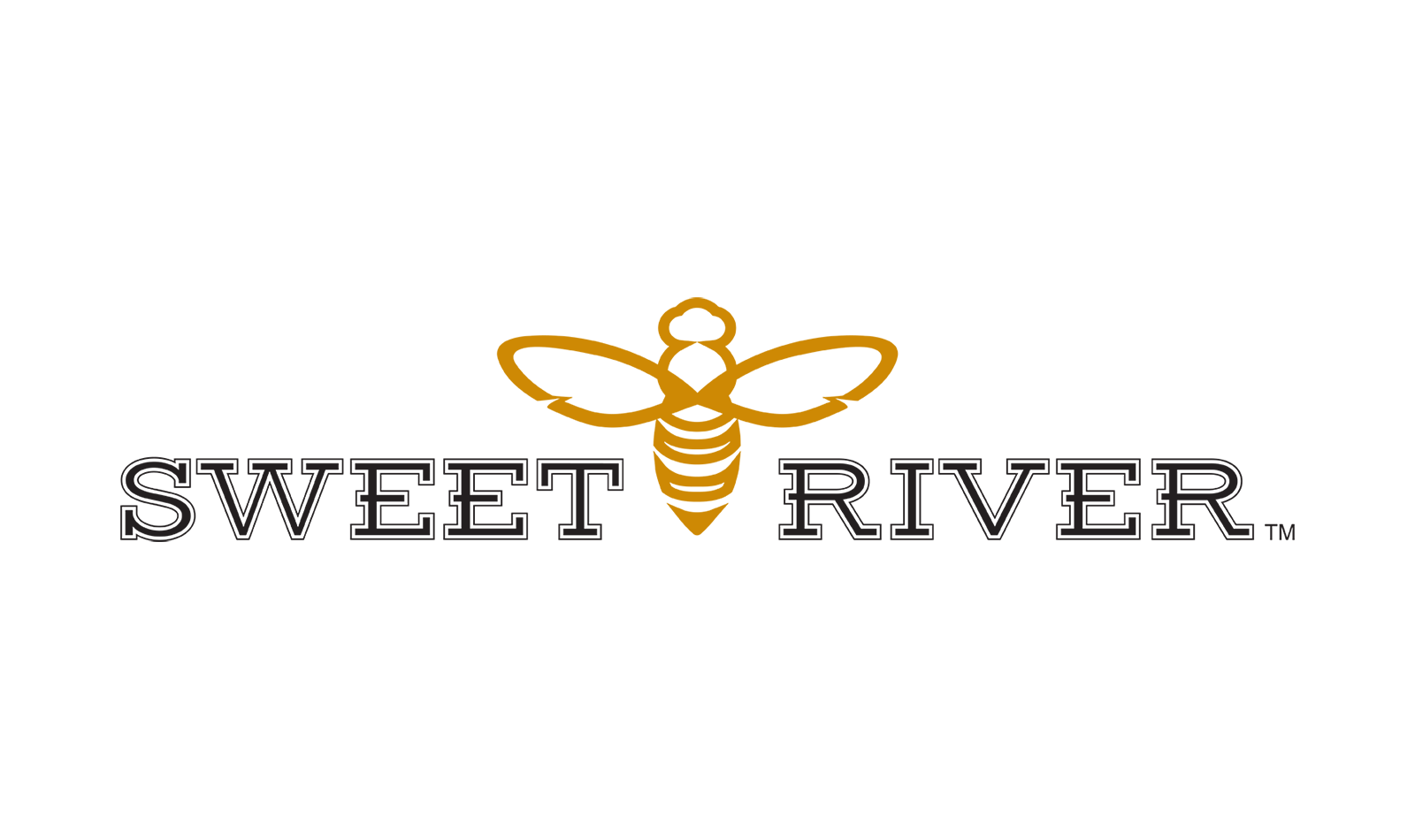 The logo of SWEET RIVER with a stylized bee above the text, set against a transparent background.